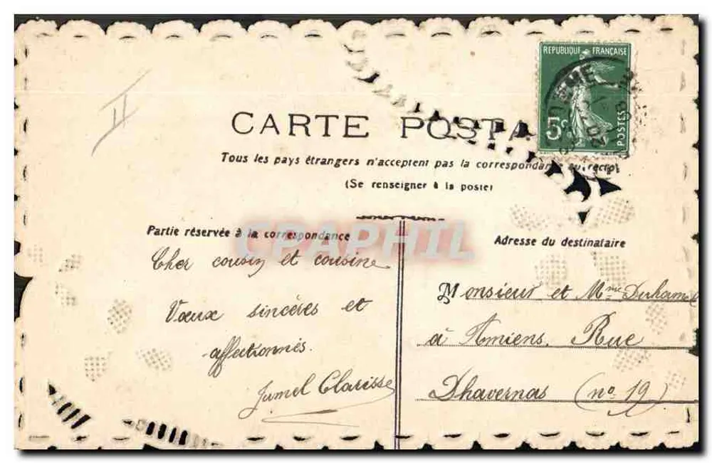 Pombas e Flores — Lembrança de um coração afetuoso — Carta postal francesa - Verso