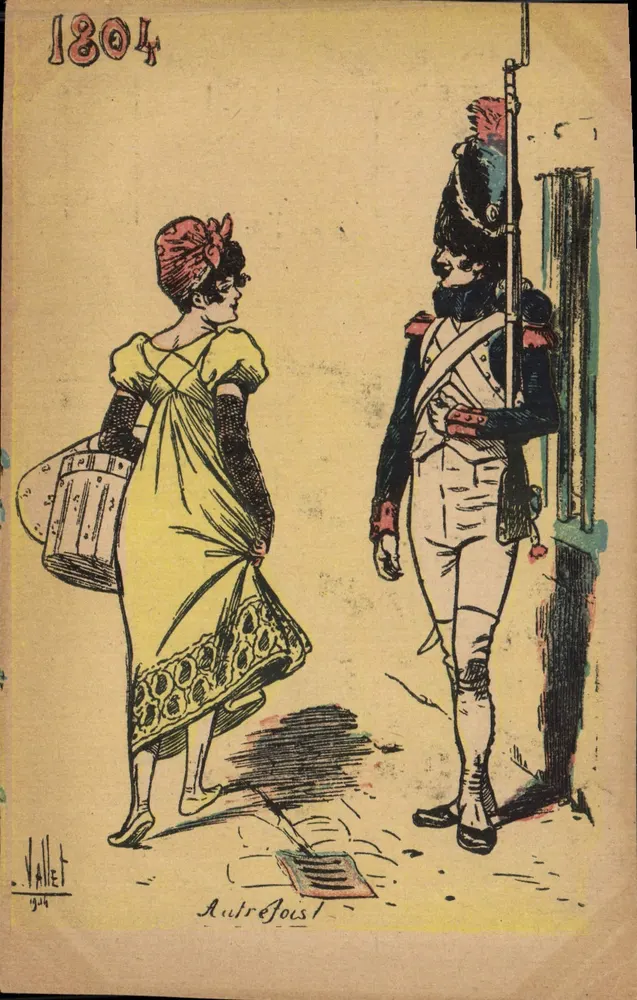 Scène de rue — femme en robe jaune et soldat napoléonien — dessin de Vallet, 1804 - Vorderseite