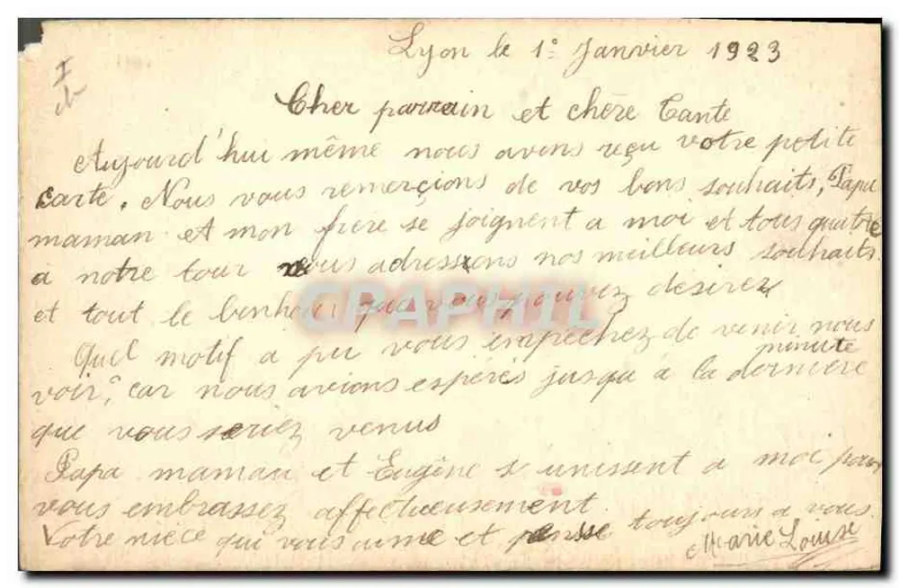 Guten Jahresbeginn — Karte mit Rosenfenster — Lyon, 1. Januar 1923 - Rückseite