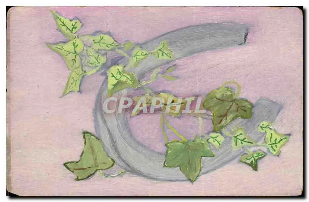 Geschwungener Hufeisen-Relief mit Efeu — Zeichnung auf rosa Hintergrund — nicht gedruckter Verlag - Vorderseite