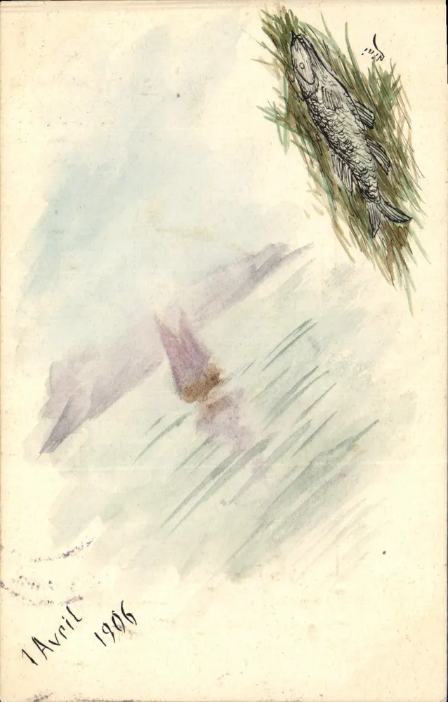 Fischen nach Fisch — Aquarell-Illustration — Datiert 1. April 1906 - Vorderseite