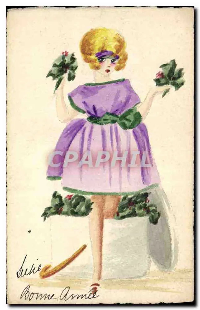 Frau in einem violetten Kleid mit Efeuästen — Illustration — kein Verleger oder Nummer sichtbar - Vorderseite