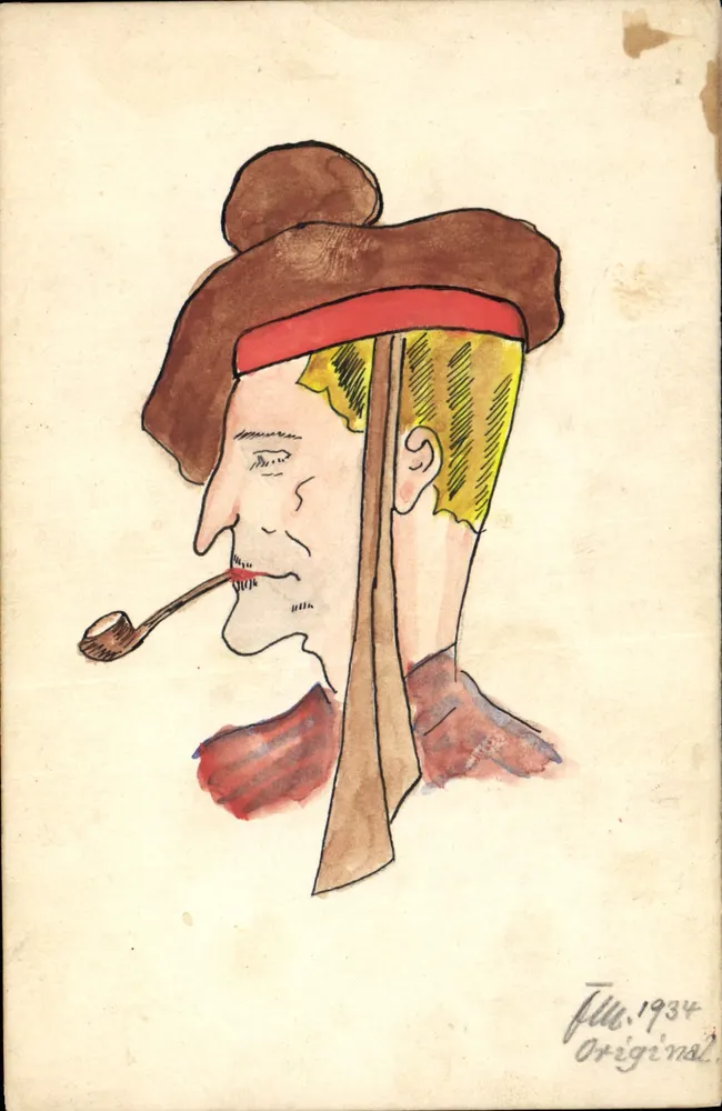 Karikatur eines Mannes, der eine Pfeife raucht — Aquarellzeichnung — JLL, 1934 - Vorderseite