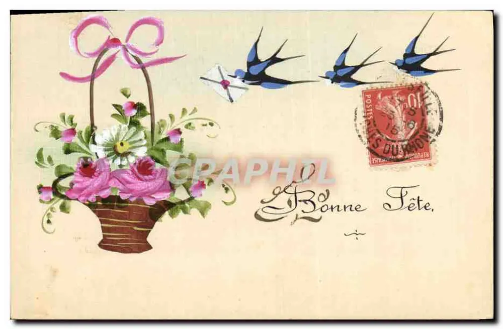 Blumen- und Vogelbouquet — Frohe Feier — Verlag: Postes du Monde, Nr. 150 - Vorderseite