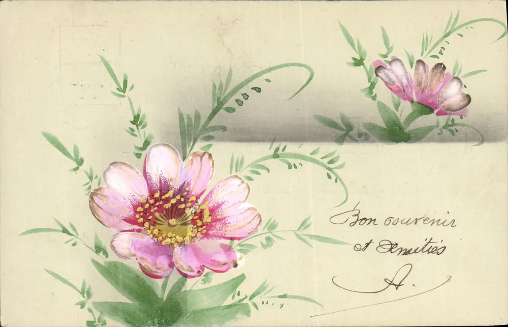 Rosa Blumen — Ein nettes Andenken und Freundschaften — A. — Ansichtskarte von Pertuis - Vorderseite