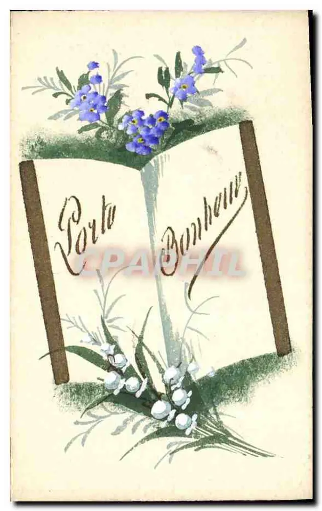 Offenes Buch mit Blumen dekoriert — 'Porte Bonheur' — Ansichtskarte Nr. II - Vorderseite