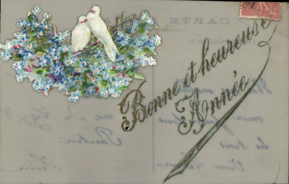 Zwei Tauben auf Blumen — Postkarte — Verleger: Postkarte (Rückseite) - Vorderseite