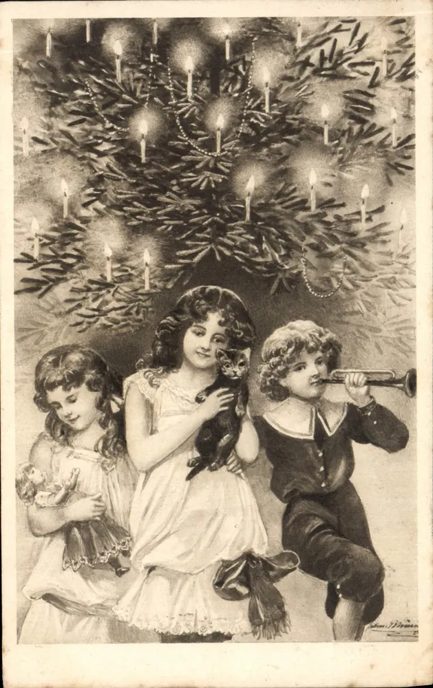 Kinder vor einem Weihnachtsbaum — Illustration — Verlag J. P. M. (Nr. 2) - Vorderseite