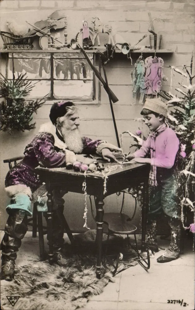Weihnachtsmann und Kind — schneeverdecktes Büro — B.N.K. n°32716/2 - Vorderseite