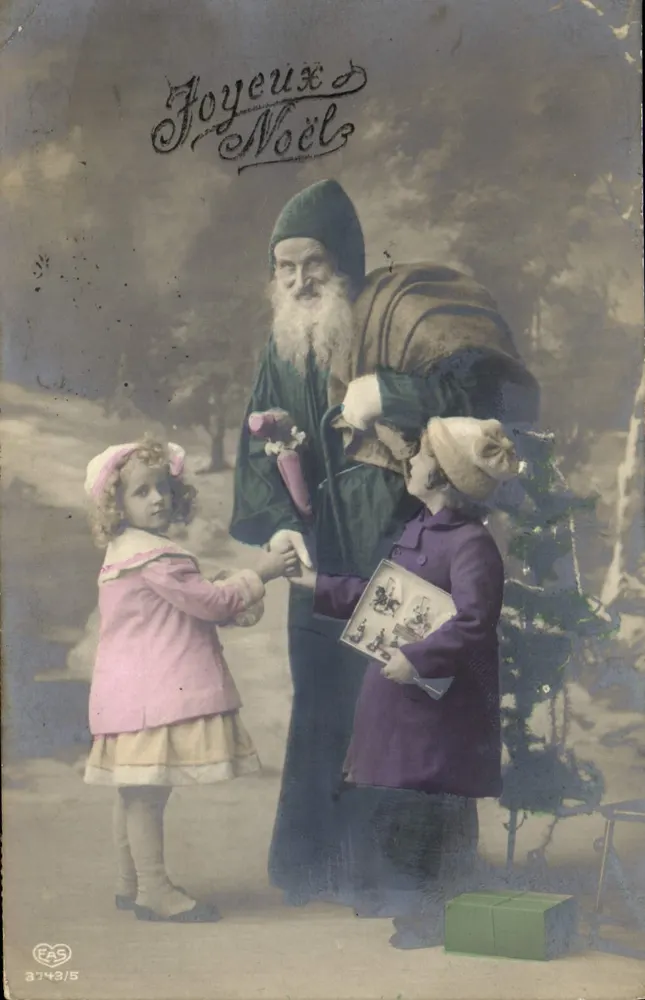Père Noël et deux enfants — scène de Noël avec sapin — éditeur FAS n° 3743/5 - Vorderseite