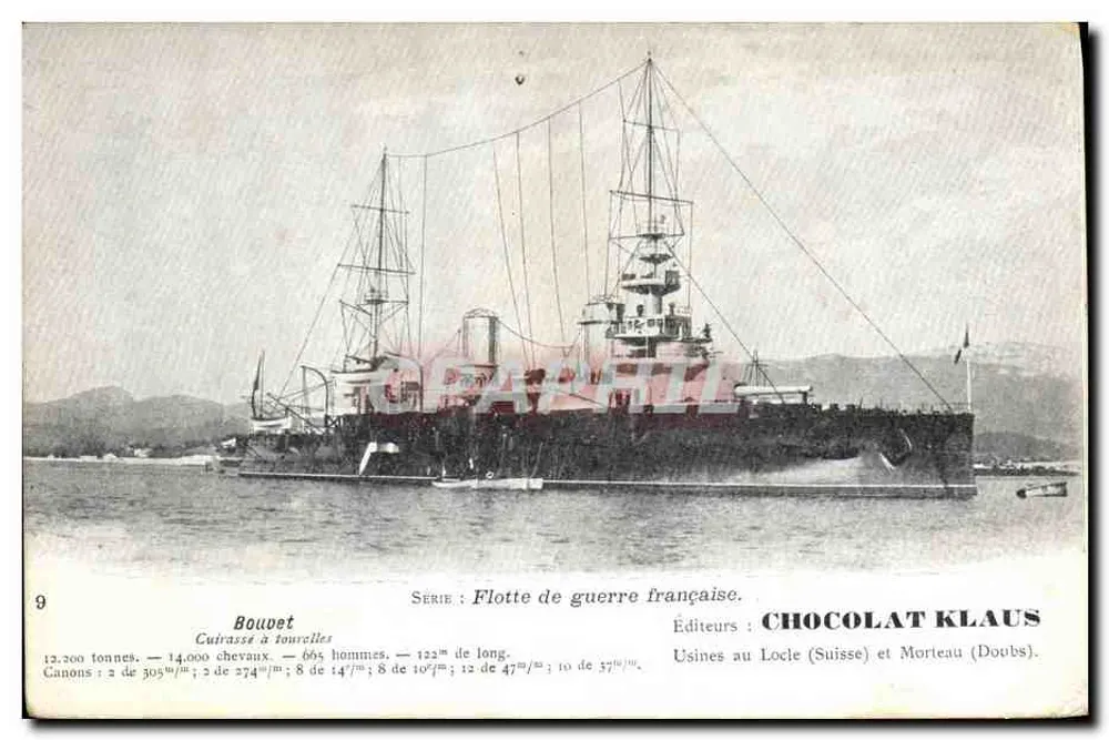 Cuirassé Bouvet — Flotte de guerre française — Éditeurs : Chocolat Klaus - Recto