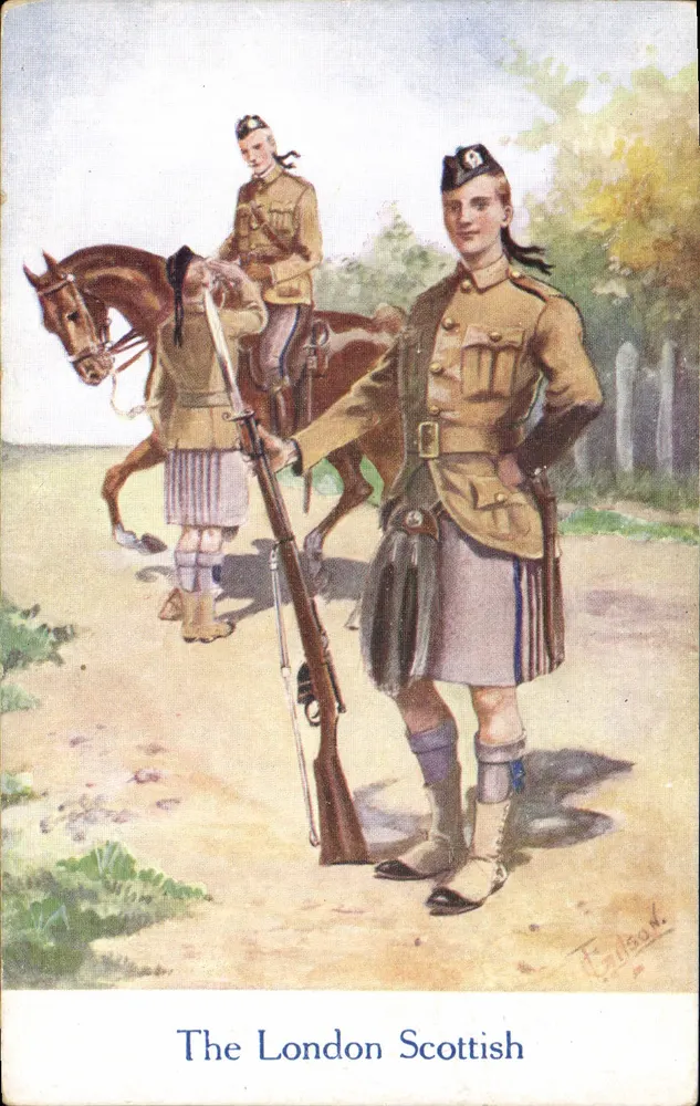 The London Scottish — Soldados em uniforme de campanha — Ludgate Postcard 'Famous Regiments' No 600 - Frente