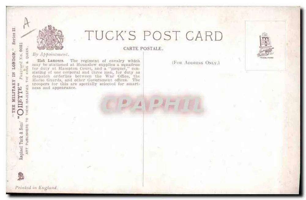Os Lanciadores de 2/1st passando diante da Marlborough House — Olliette, Tuck's Post Card, série II, n° 9031 - Verso