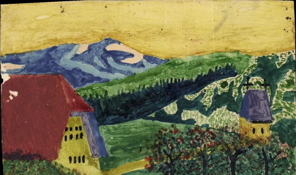 Bergiges Landschaft mit Haus und Kirche — Kinderzeichnung — Verlag nicht sichtbar - Vorderseite