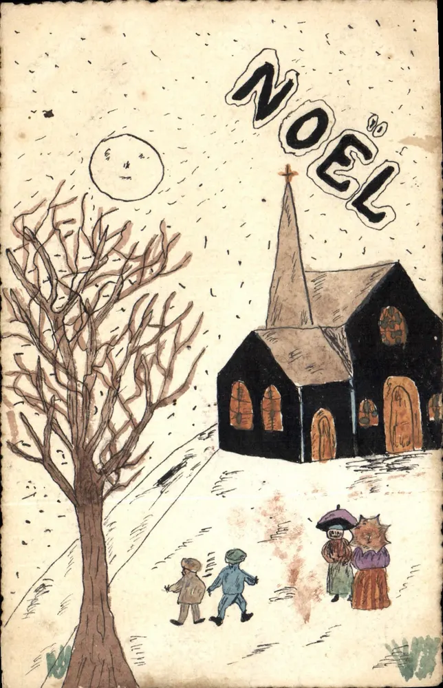Weihnachten — schneereicher Blick mit Kirche — handgezeichnete Ansichtskarte - Vorderseite