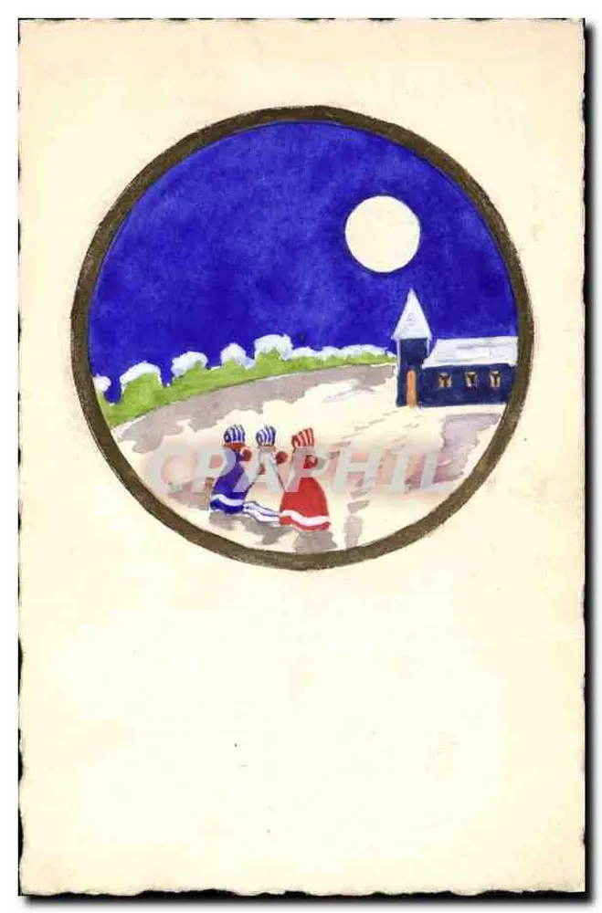 Zwei Kinder unter dem Mond — winterliche NachtSzene — Verlag nicht sichtbar - Vorderseite
