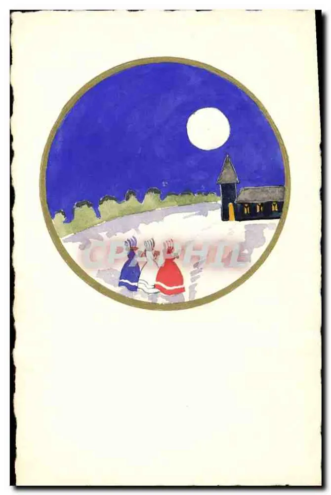 Nachtlandschaft mit Kirche — kreisförmige Illustration — Verleger nicht sichtbar - Vorderseite