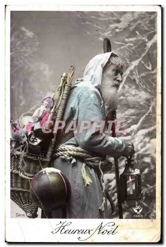 Père Noël — voyageur en montagne avec lanterne et panier — éditeur Craphil, Paris, série 101 - Anverso