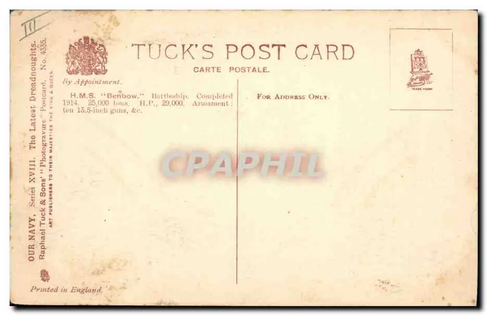 H.M.S. Benbow — Batailleur — Raphael Tuck & Sons, série XVIII, n° 4333 - Verso