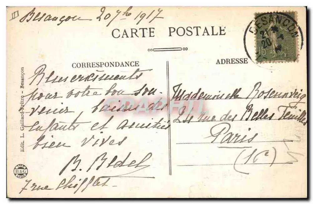 Besançon - Prefeitura — Fachada no Parc — Edição L. Gaillard-Prêtre - Verso