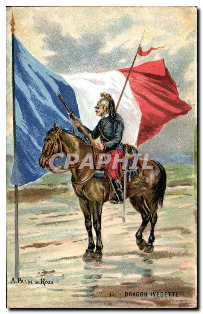 Dragão (Vedette) — soldado a cavalo com bandeira tricolor — A. Palm de Rosa, n°40 - Frente