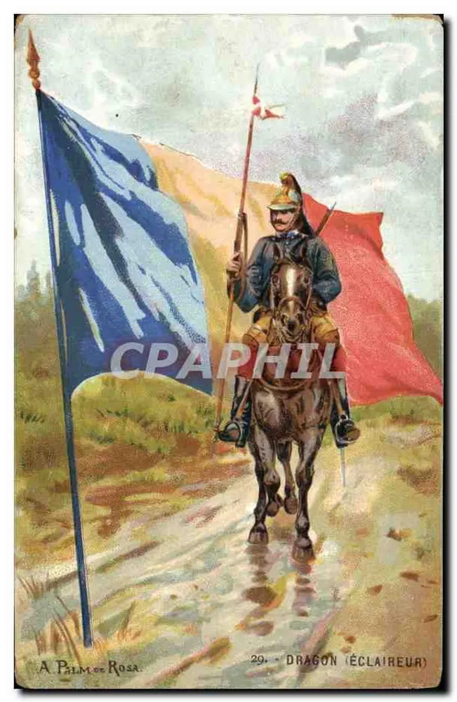 Dragão (Eclaireur) — soldado a cavalo carregando a bandeira tricolor — A. Palm de Rosa, n°29 - Frente