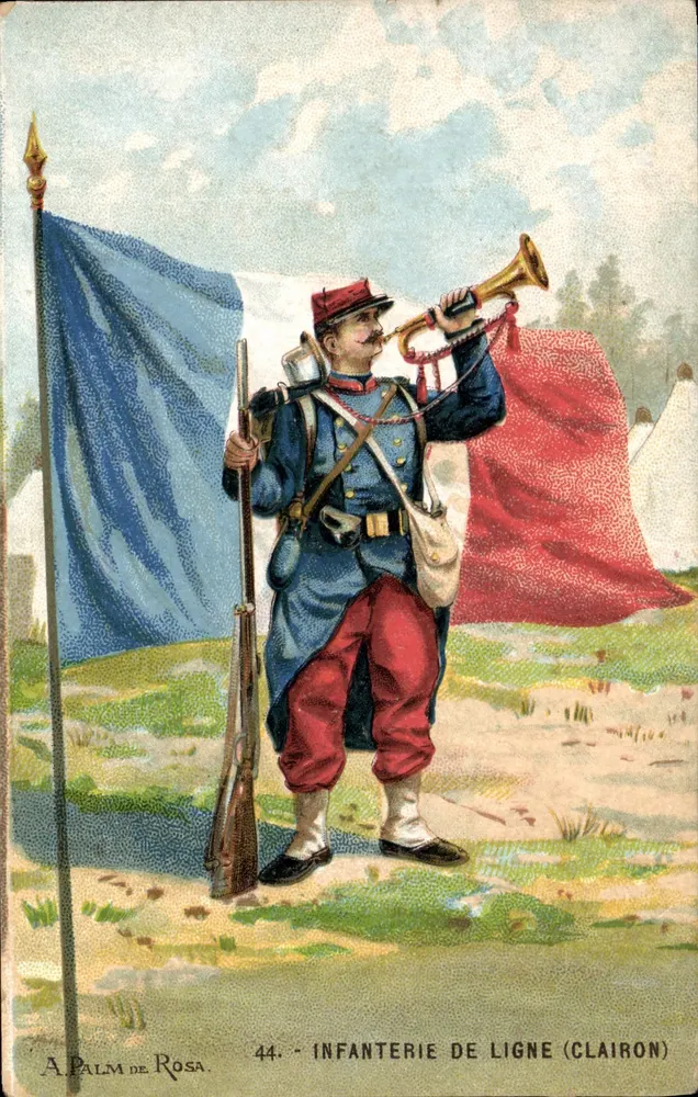 Linieninfanterie (Clairon) — Soldat mit Trompete und Dreifarbigen Fahne — A. Palm de Rosa, n°44 - Vorderseite