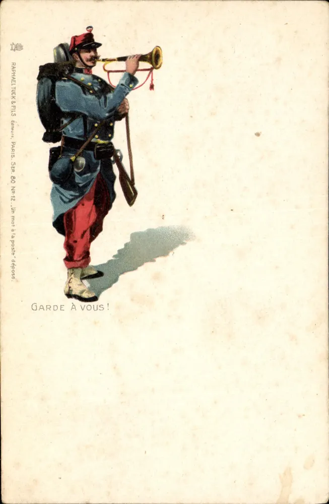 Soldado em uniforme azul e vermelho — Garde à vous ! — Raphaël Tuck & Fils, Paris, Sér. 80, N° 12 - Frente
