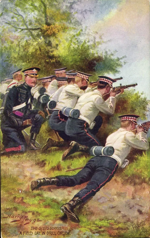 Die Scots Guards — Feldtag in Schussordnung — Harigauge, Verlag Oilette, Nr. 80325 - Vorderseite