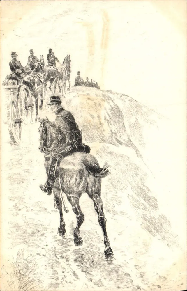 Cena militar — cavaleiro e carruagem de cavalo — editor não identificado - Frente