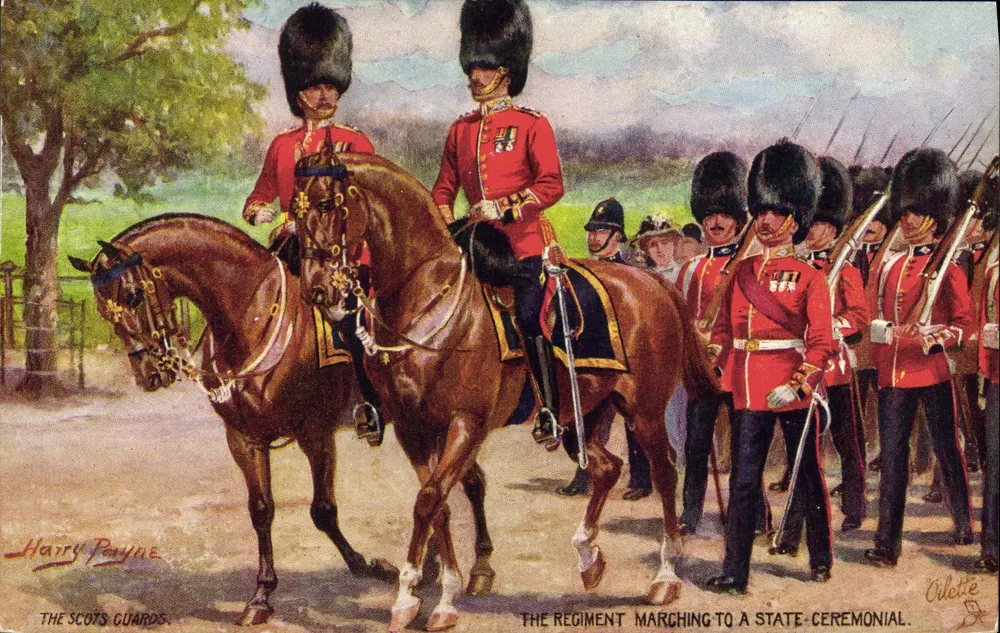 Die schottischen Gardes — Das Regiment auf dem Weg zu einer Staatszeremonie — Harry Payne, Verlag Oilette - Vorderseite