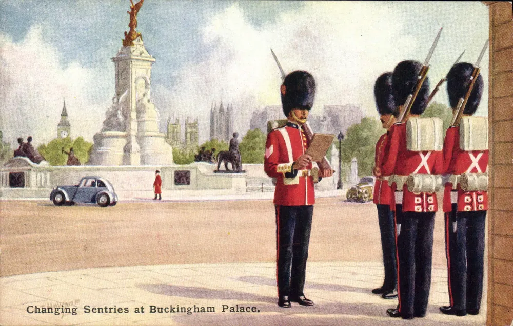 Mudança de sentinelas no Palácio de Buckingham — série Salmon, editor J. Salmon Ltd, Edimburgo - Frente