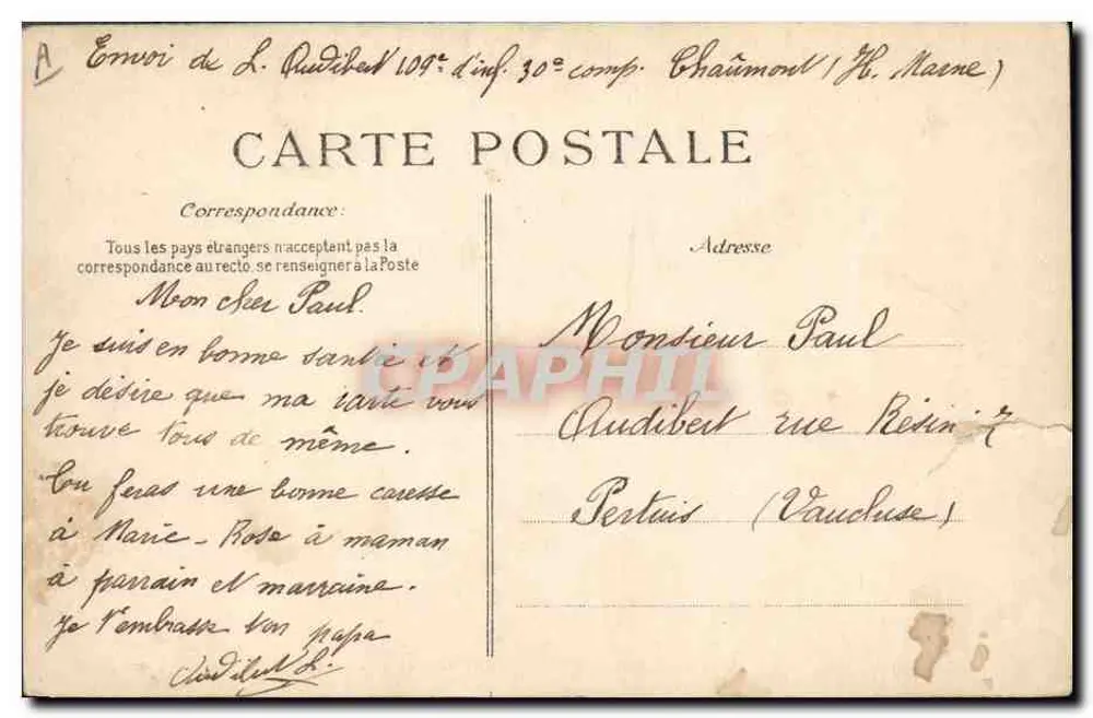 Arrivée au Corps — Période d'Instruction — Éditeur E.D. - Verso