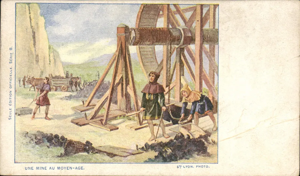 Une mine au Moyen-Âge — scènes de travail avec roue hydraulique — Édition officielle, Série B, 5e Lyon Photo. - Frente