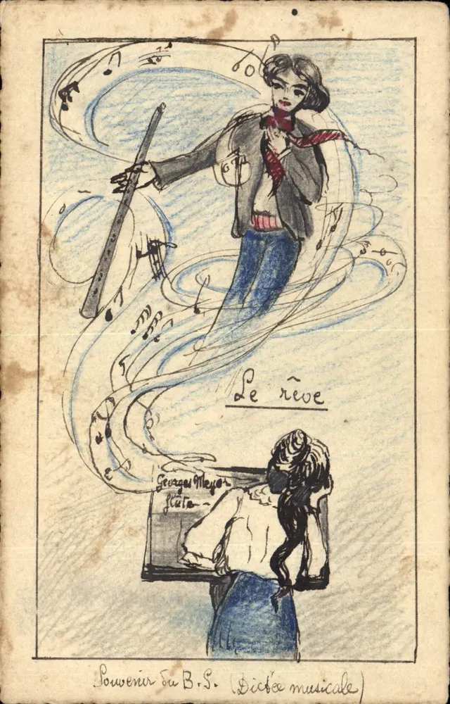 Musikalische Frau — Traum — Erinnerung an die B.S. (Musikschule) — Zeichnung von Georges Meyer-Flata - Vorderseite