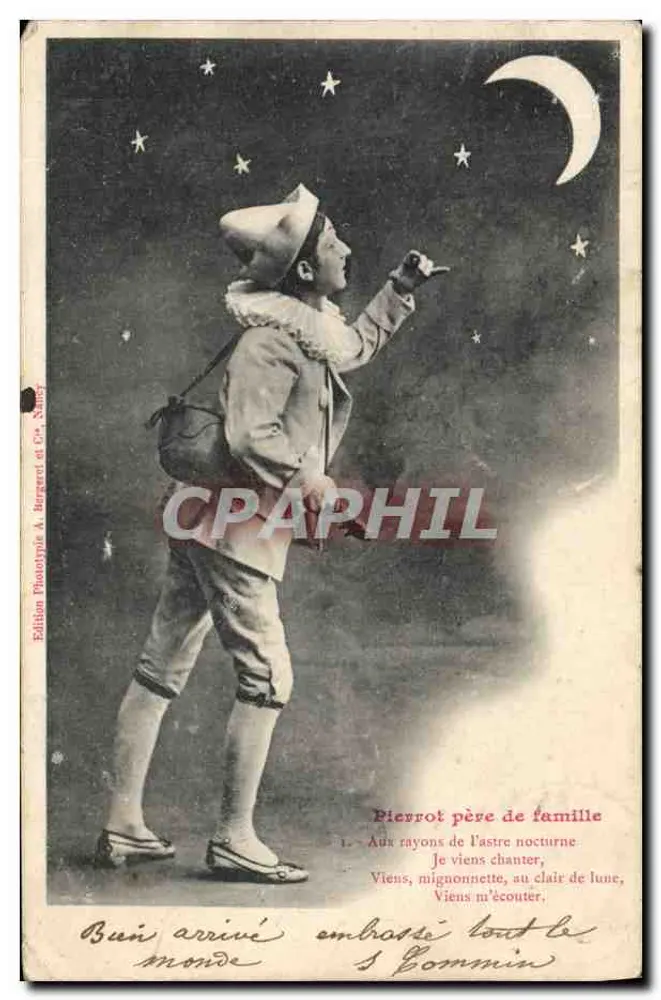 Pierrot, Vater der Familie — nächtliche Szene unter dem zunehmenden Mond — Edition Phototypie A. Burgarel et Cie, Nancy - Vorderseite
