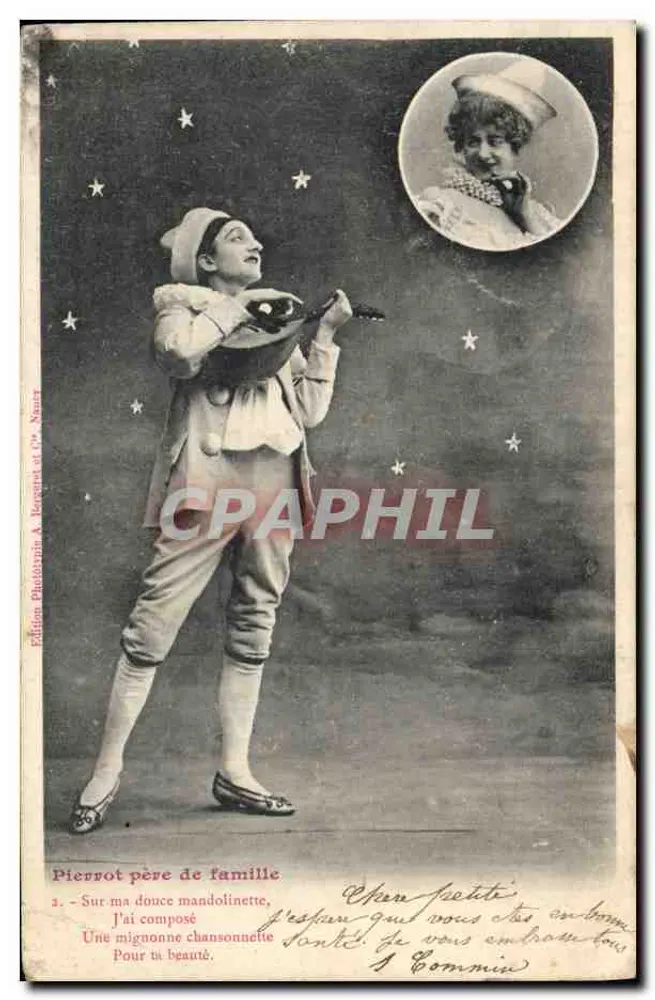 Pierrot, Vater der Familie — Theater-Szene mit Mandoline und Frauenporträt — Édition Phototypie A. Jacquinet und P. Nauer - Vorderseite