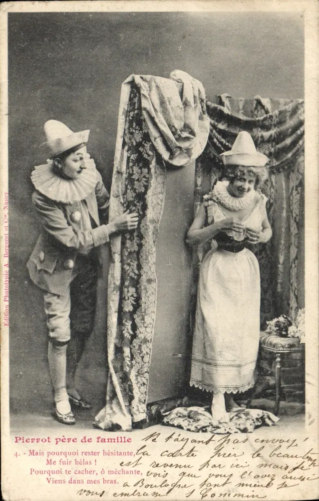 Pierrot, Vater der Familie — TheaterSzene mit gedrucktem und handschriftlichem Text — Edition Phototypie A. Bergeret & Cie, Nancy, n°4 - Vorderseite