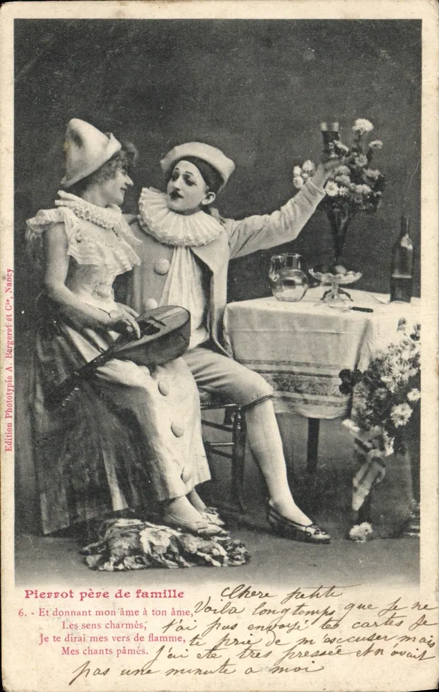 Pierrot, Vater der Familie — TheaterSzene mit Paar in Kostüm, Verleger A. Bargeret et Cie, Nancy, n°6 - Vorderseite