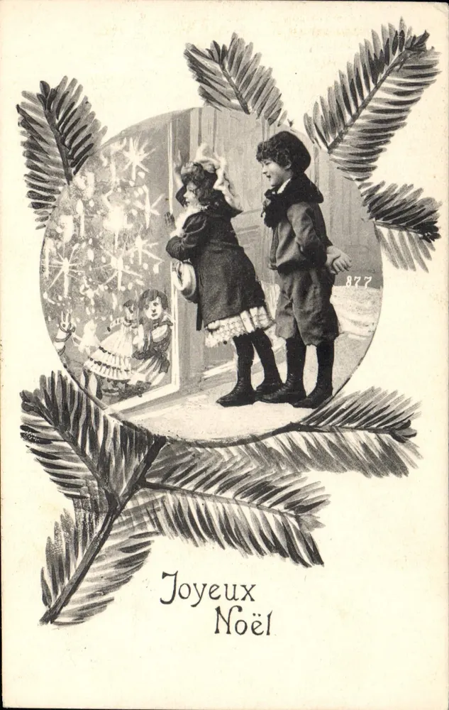 Crianças diante de uma janela decorada — Feliz Natal — editor desconhecido, n° 877 - Frente