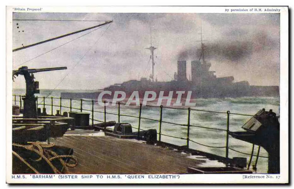 H.M.S. 'Barham' (Schwesterschiff der H.M.S. 'Queen Elizabeth') — Seitenansicht — The Photochrom Co. Ltd. (Ref. 17) - Vorderseite