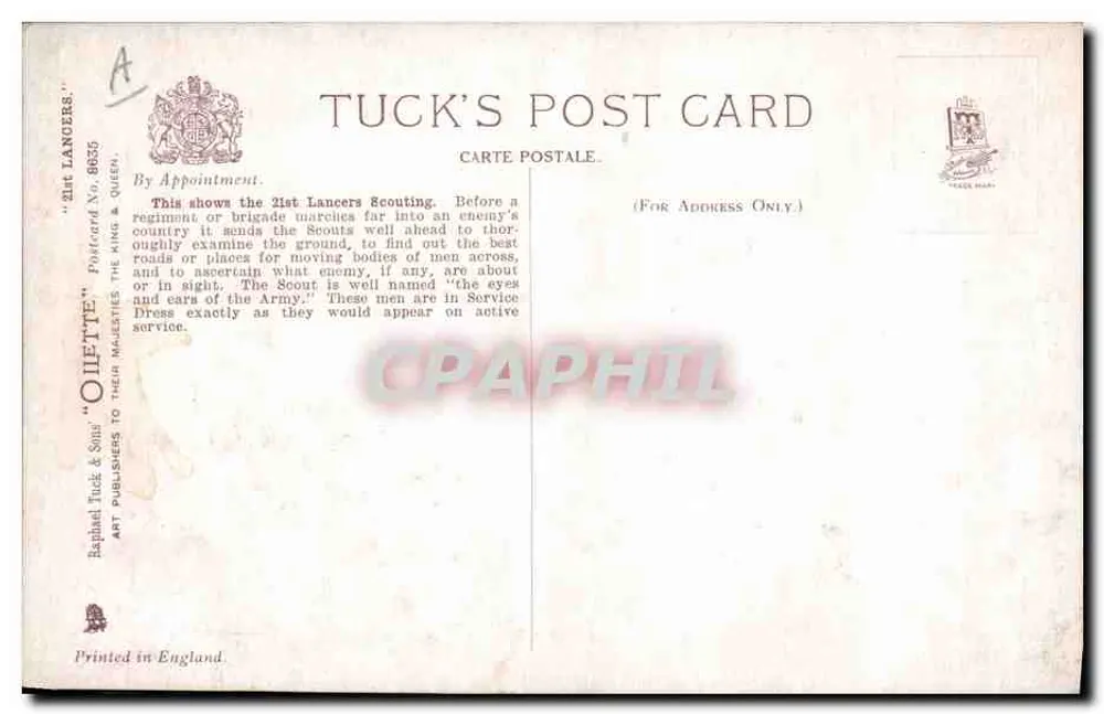 21st Lancers — Escoteiros — Tuck's Post Card No. 8835 - Verso