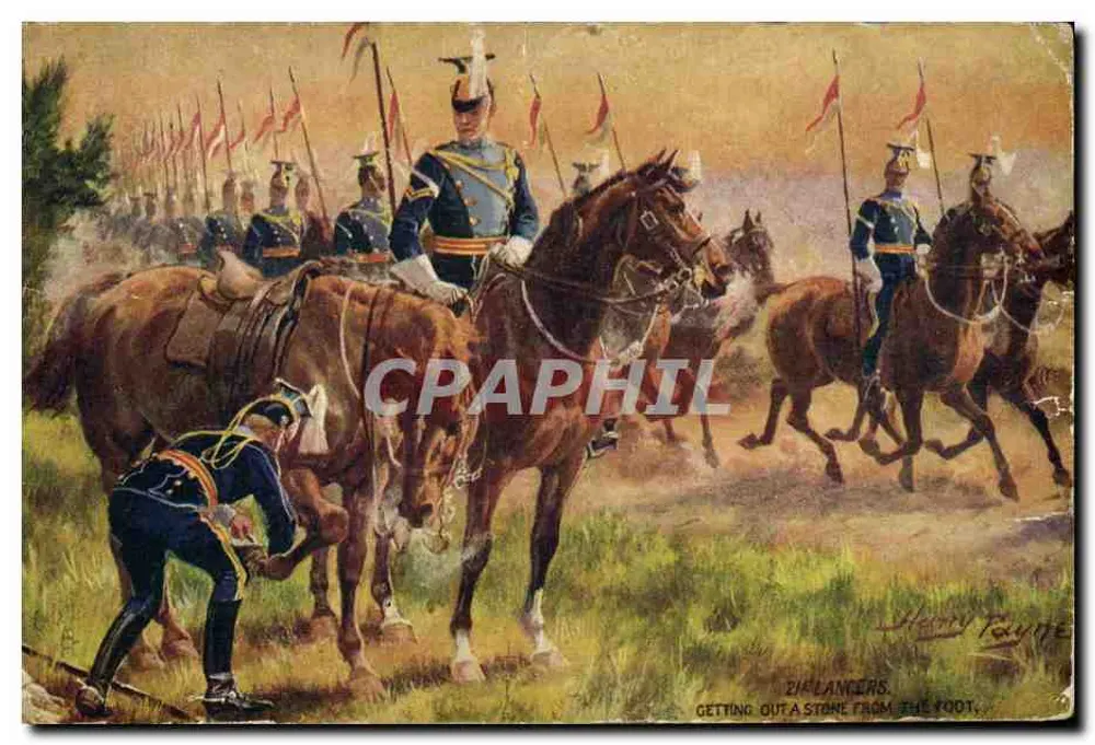 21e Lanciers — Un cavalier retirant une pierre de la botte de son cheval — Henry Payne - Frente