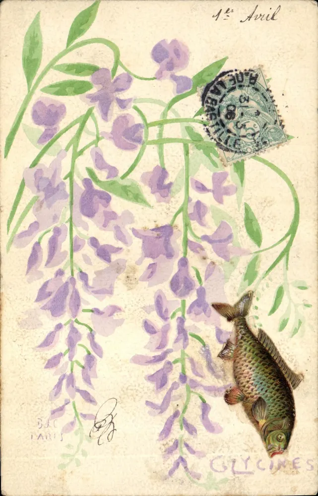 Violette Glycinen — Blumen und Fisch — B.J.C. PARIS - Vorderseite