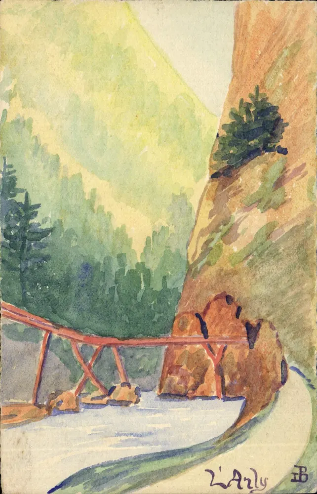 Berglandschaft — Holzbrücke über einen Bach — L'Arly, Signatur 'L'Arly IB' - Vorderseite
