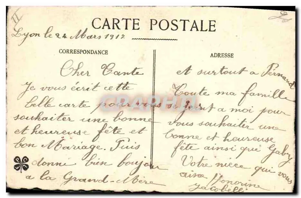 Blütenstrauß — Antike Ansichtskarte aus Lyon vom 24. März 1912 — Verlag nicht sichtbar - Rückseite