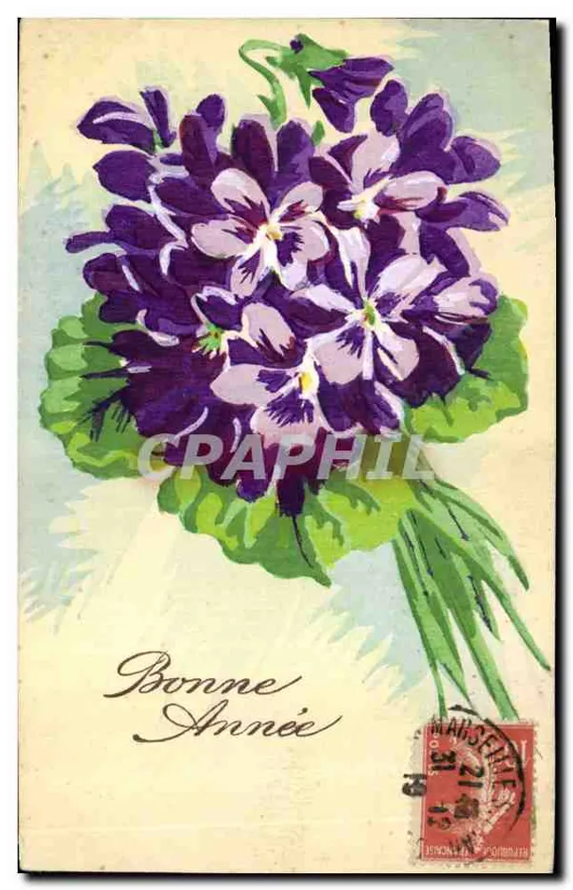 Blütenstrauß aus Violets — Frohe Neujahr — A. N. Paris - Vorderseite