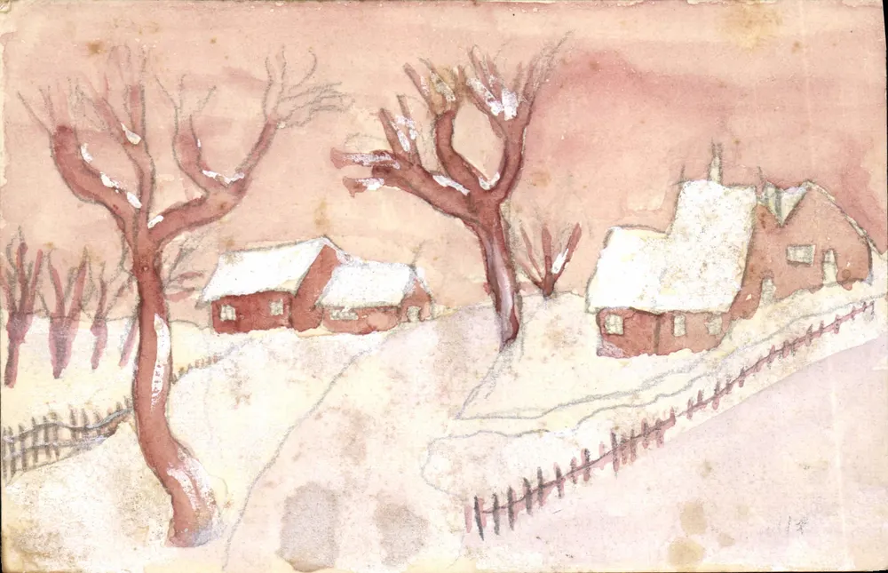 Winterlandschaft — schneegestrafter Dorf — Aquarellzeichnung — Louis Limarang & Antoine - Vorderseite