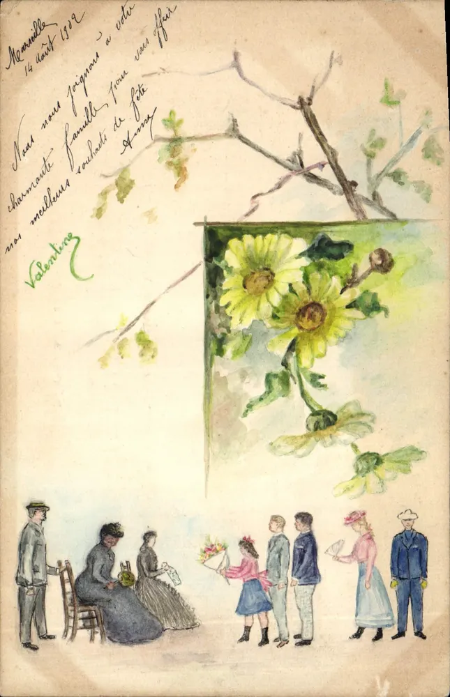 Die Familie Valentin — Straßenszene mit Blumen — Verlag Mouilloy-Manosille, Nummer nicht sichtbar - Vorderseite