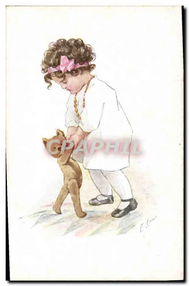 Kleine Mädchen mit Stoffbär — Illustration — E. Lanné - Vorderseite